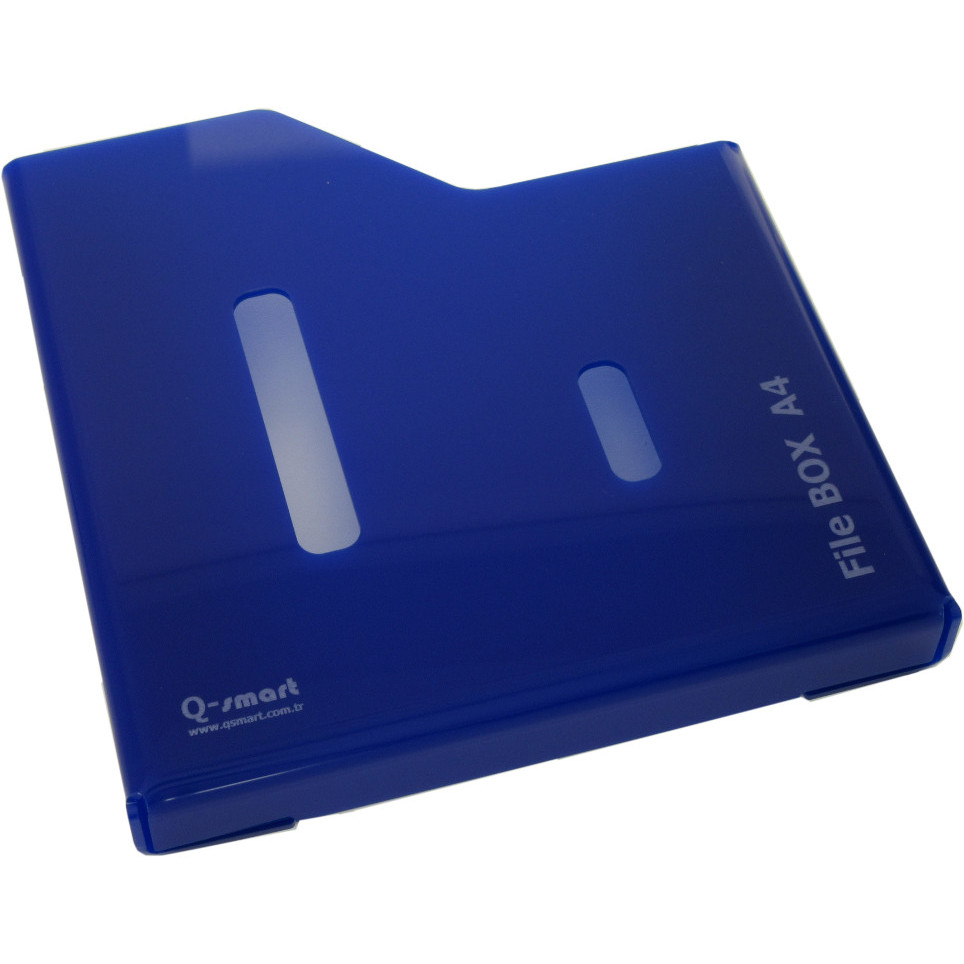 qsmart-acc-filebox-mavi Blaue A4-Dokumentenablage aus Kunststoff mit Q-smart Logo
